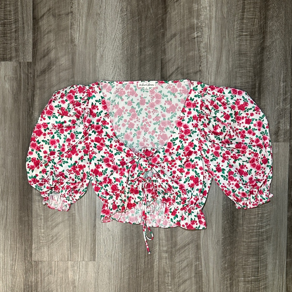 For Love And Lemons Petal Carnation Crop Tied Puff Sleeve Top - Small